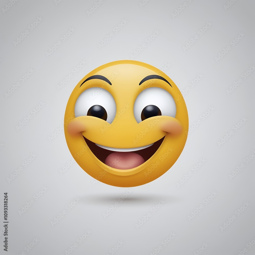 Fototapeta premium A Delightful 3D Rendering of a Giggling Emoji: A Cheerful and Playful Yellow Smiley Face with Wide Eyes and a Big Open Mouth, Evoking Joy and Happiness