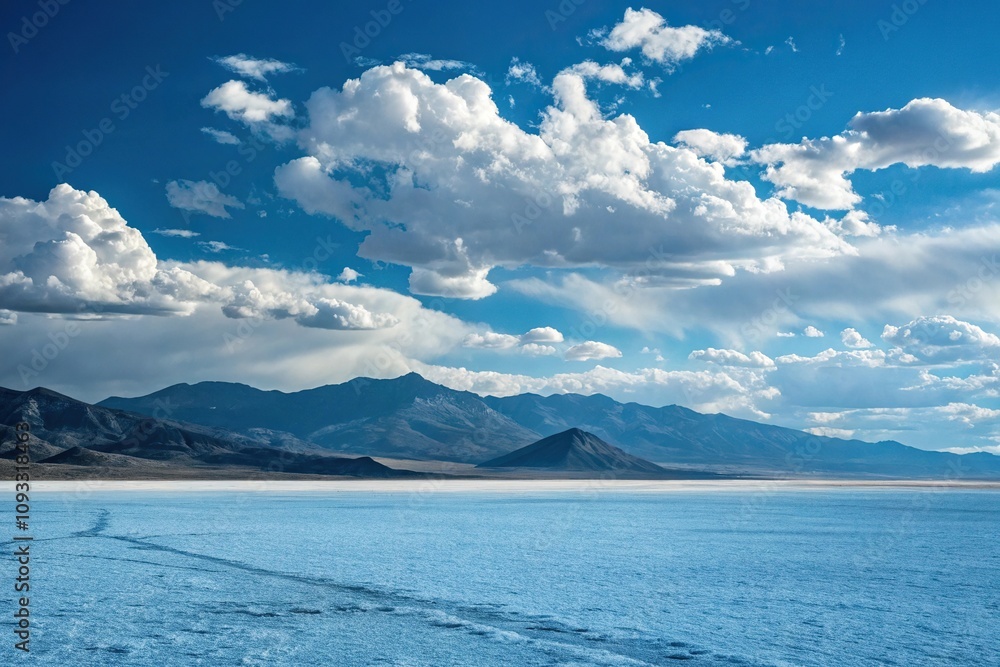 A vast blue expanse with mountains and clouds in the distance, scenic view, panoramic, natural beauty, landscape A vast blue expanse with mountains and clouds in the distance, scenic view, panoramic, natural beauty, landscape
