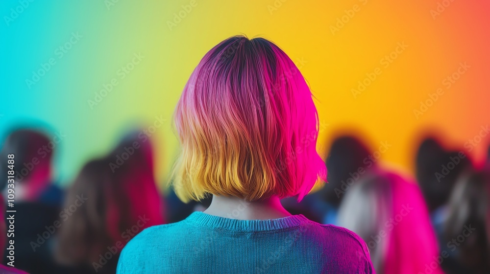 Fototapeta premium A vibrant scene showcasing the back of a person with colorful hair, set against a beautiful gradient background.