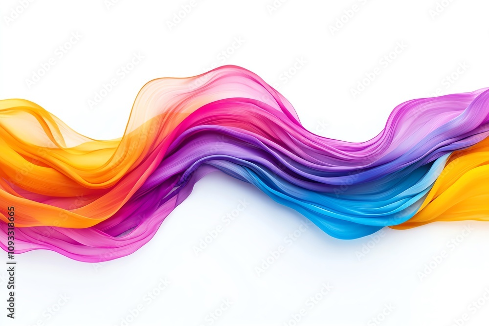 Fototapeta premium A vibrant wave of colorful fabric flowing gracefully, creating a sense of movement and elegance against a white background.