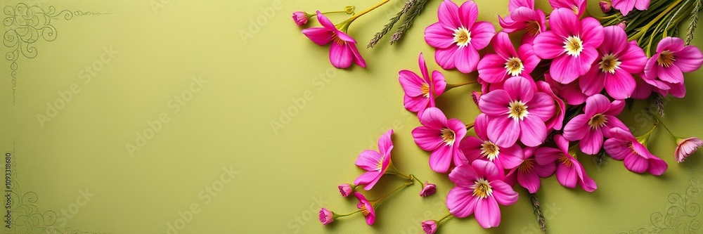 A vibrant array of pink flowers arranged in a random yet elegant pattern against a muted green backdrop with intricate details, botanical illustration, textured background, floral arrangement A vibrant array of pink flowers arranged in a random yet elegant pattern against a muted green backdrop with intricate details, botanical illustration, textured background, floral arrangement
