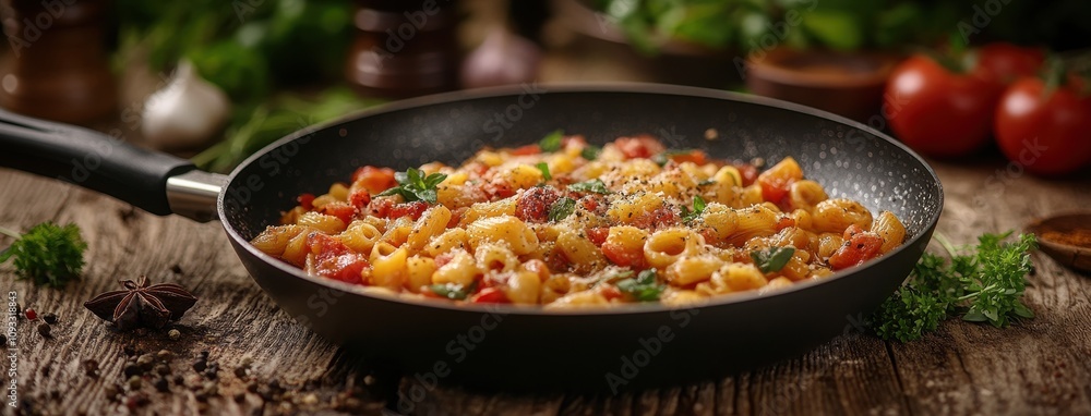 Delicious and Colorful Pasta Dish with Fresh Ingredients in a Cast Iron Pan Surrounded by Herbs and Vegetables on a Rustic Wooden Table Delicious and Colorful Pasta Dish with Fresh Ingredients in a Cast Iron Pan Surrounded by Herbs and Vegetables on a Rustic Wooden Table