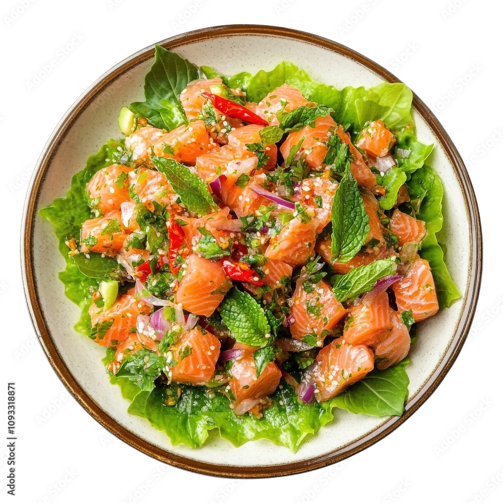 Fresh salmon salad with herbs and vegetables on bed of lettuce, vibrant colors, and healthy presentation. Perfect for light meal or appetizer