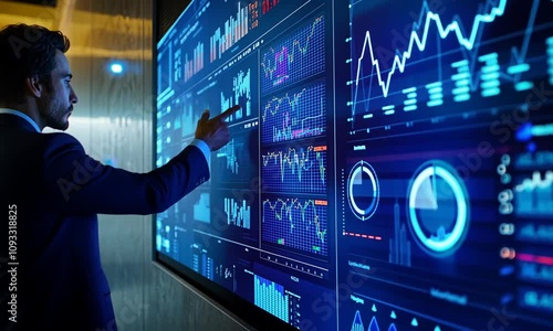 Businessman analyzing financial data on a large digital screen.