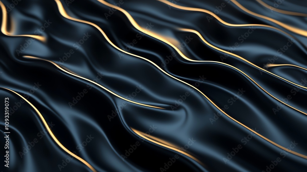 Abstract black fabric waves with golden highlights, creating a luxurious and elegant visual texture for various design projects. Abstract black fabric waves with golden highlights, creating a luxurious and elegant visual texture for various design projects.