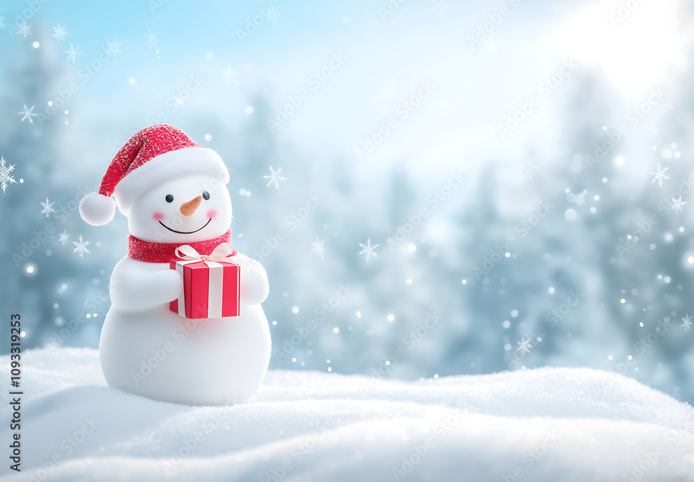 Smiling snowman in a red Santa hat holding a gift box, set in a snowy winter wonderland with snowflakes and a frosty forest in the background, evoking holiday joy Smiling snowman in a red Santa hat holding a gift box, set in a snowy winter wonderland with snowflakes and a frosty forest in the background, evoking holiday joy
