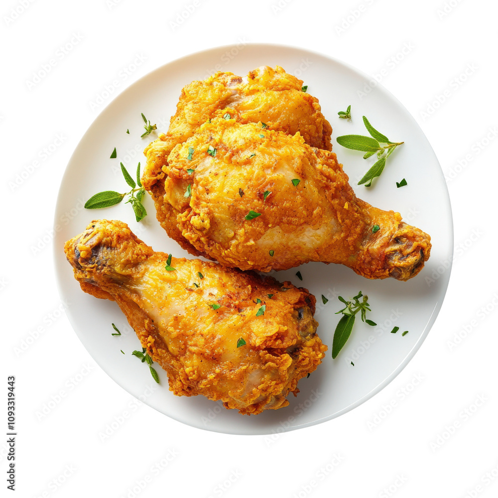 Southern fried chicken, marinated with turmeric and herbs, crispy and aromatic, isolated on white background