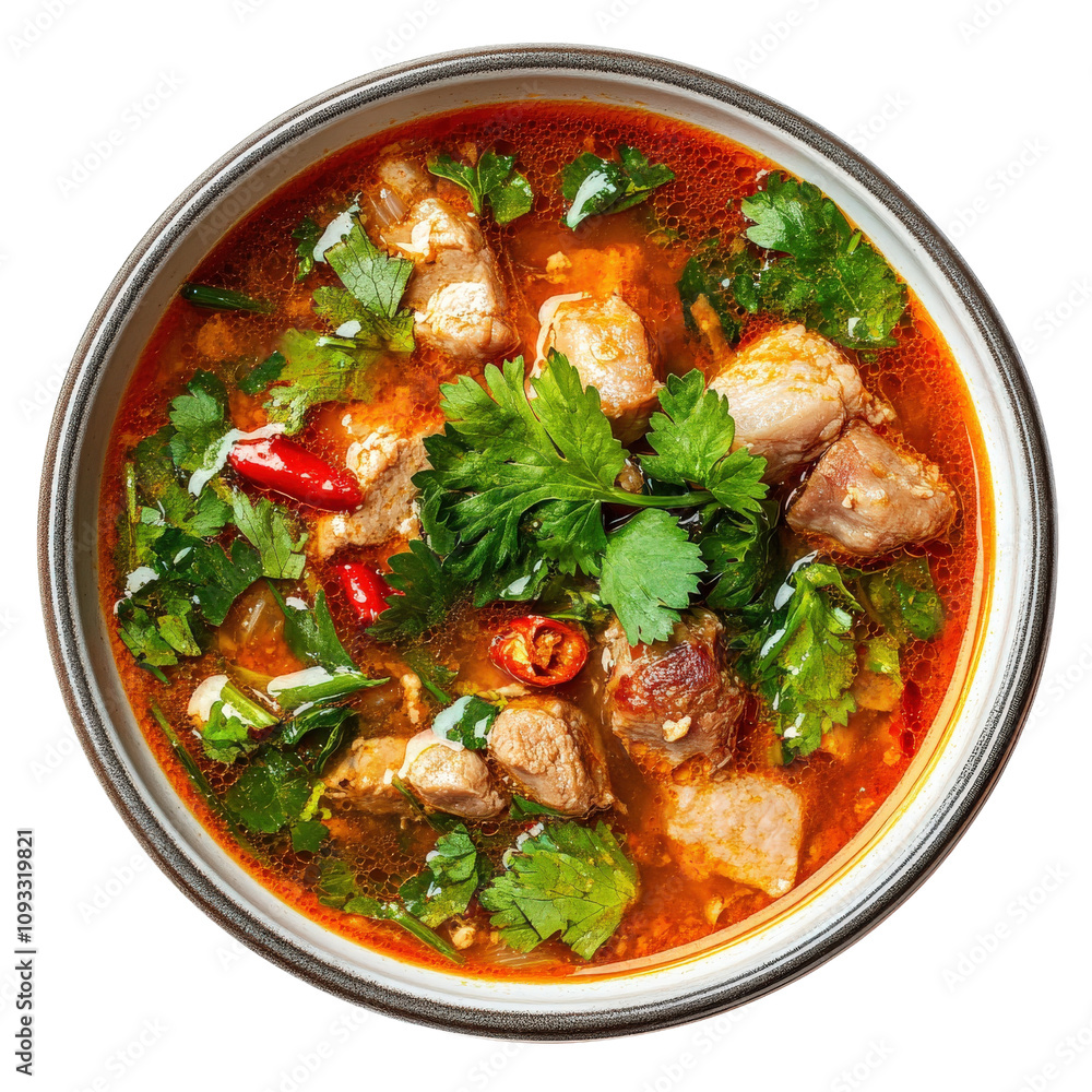 Northern Thai spicy herbal soup, with pork and fresh herbs, zesty and warming, isolated on white background Northern Thai spicy herbal soup, with pork and fresh herbs, zesty and warming, isolated on white background