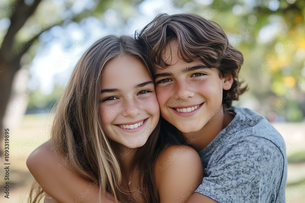 Smiling brother and sister embracing in a sunny park, highlighting sibling love, family connection, and the joy of childhood in an outdoor natural setting Smiling brother and sister embracing in a sunny park, highlighting sibling love, family connection, and the joy of childhood in an outdoor natural setting