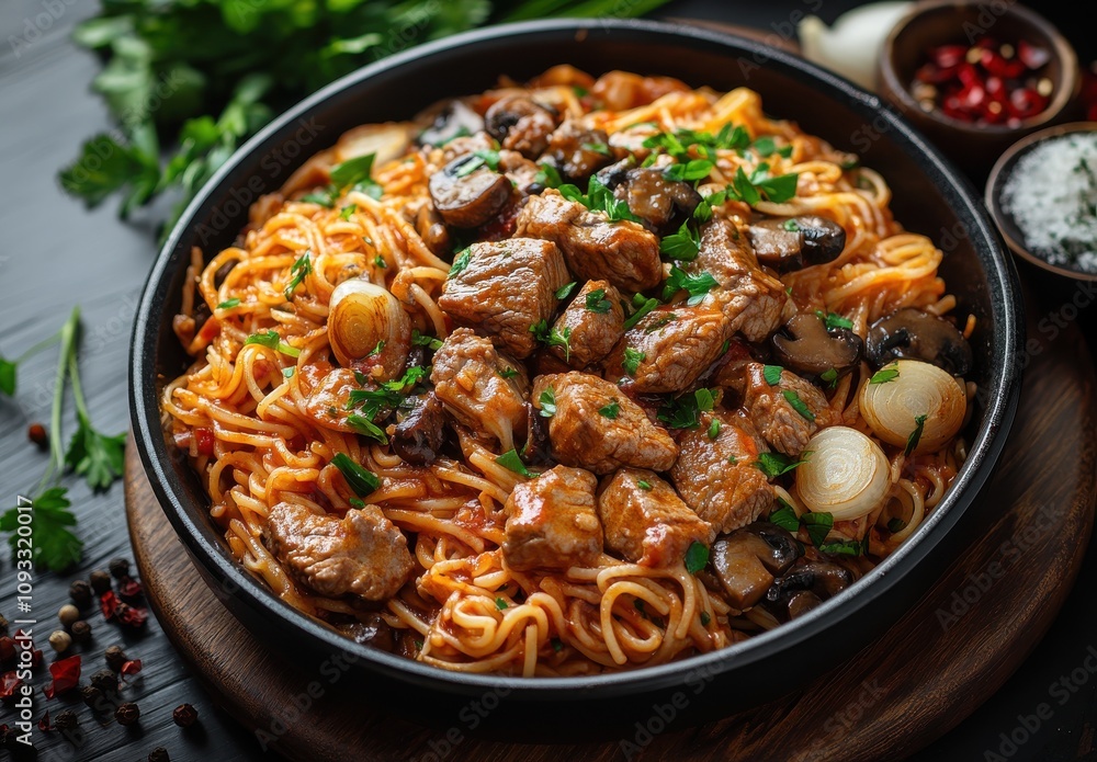 Delicious and Savory Dish of Fresh Pasta with Tender Meat Chunks, Vegetables, and Herbs Served in a Rustic Bowl on a Wooden Table Delicious and Savory Dish of Fresh Pasta with Tender Meat Chunks, Vegetables, and Herbs Served in a Rustic Bowl on a Wooden Table