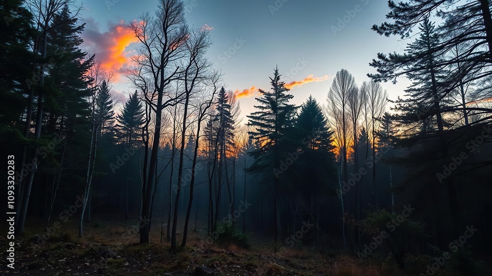 Obraz premium A tranquil atmosphere settles over the forest as the day's final moments are filled with a kaleidoscope of color, natural scenery, sunset
