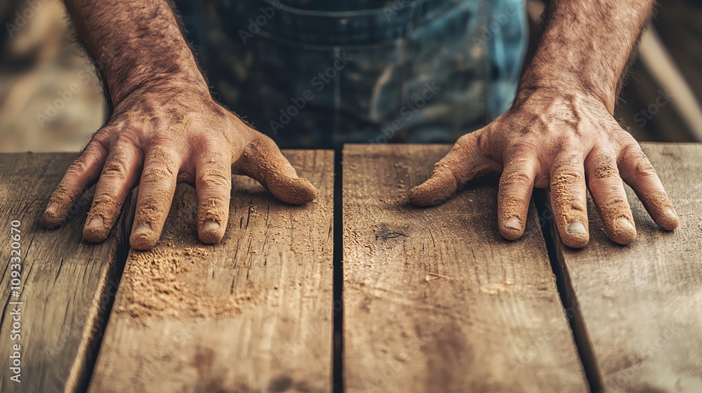 Close-up of a craftsman's hands resting on a wooden table, showcasing hard work and dedication to woodworking. Close-up of a craftsman's hands resting on a wooden table, showcasing hard work and dedication to woodworking.