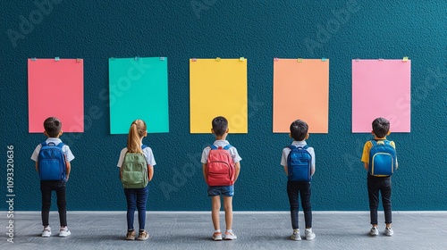 Children with backpacks standing in front of colorful posters, engaged in creative thinking and learning in a modern classroom. photo