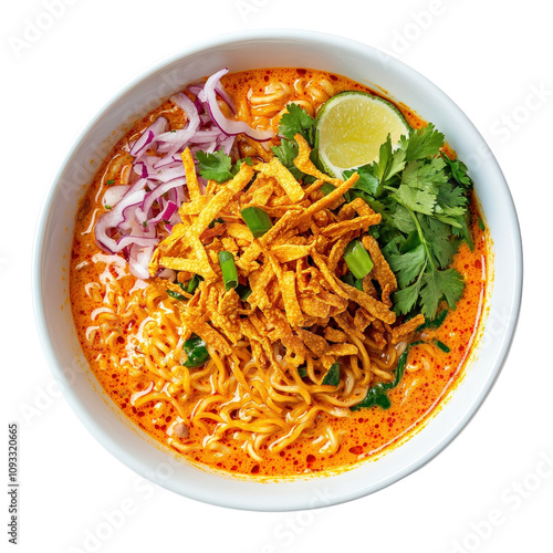 Delicious bowl of spicy noodles topped with crispy garnishes, fresh herbs, and lime. vibrant dish that combines flavors and textures for satisfying meal