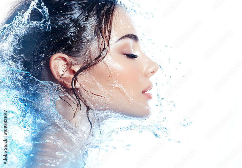 Side profile of a serene woman with water splashing around her face, representing purity, hydration, and natural beauty in a refreshing minimalist concept Side profile of a serene woman with water splashing around her face, representing purity, hydration, and natural beauty in a refreshing minimalist concept