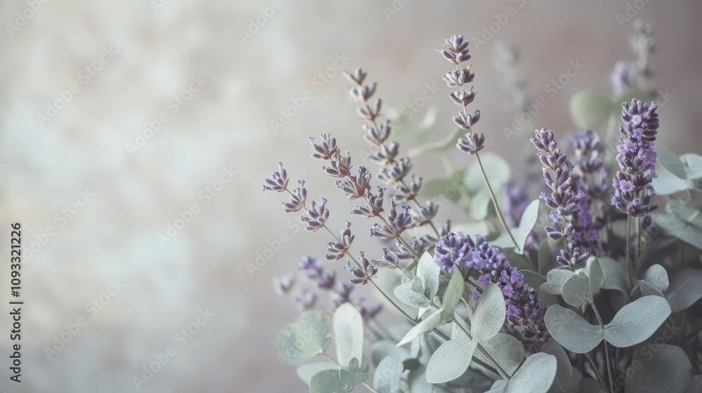 A rustic bouquet of lavender and eucalyptus with a soft pastel backdrop A rustic bouquet of lavender and eucalyptus with a soft pastel backdrop
