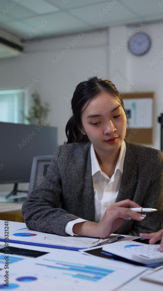 Young businesswoman analyzing charts and data at her desk in a modern office setting, showcasing professional insights Young businesswoman analyzing charts and data at her desk in a modern office setting, showcasing professional insights