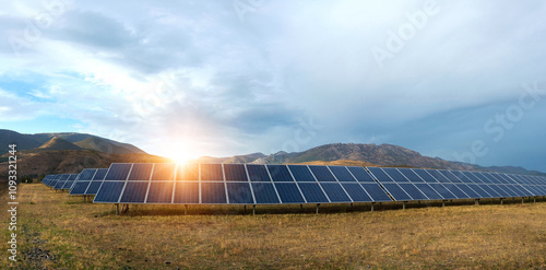 anoramic view of solar panel, photovoltaic, alternative electricity source - concept of sustainable resources photo