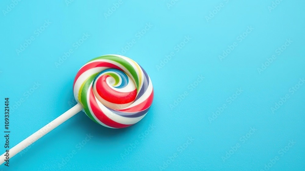 Closeup of colorful striped lollipop isolated on a bright blue surface, sweet tooth, colorful treat, tasty treats Closeup of colorful striped lollipop isolated on a bright blue surface, sweet tooth, colorful treat, tasty treats
