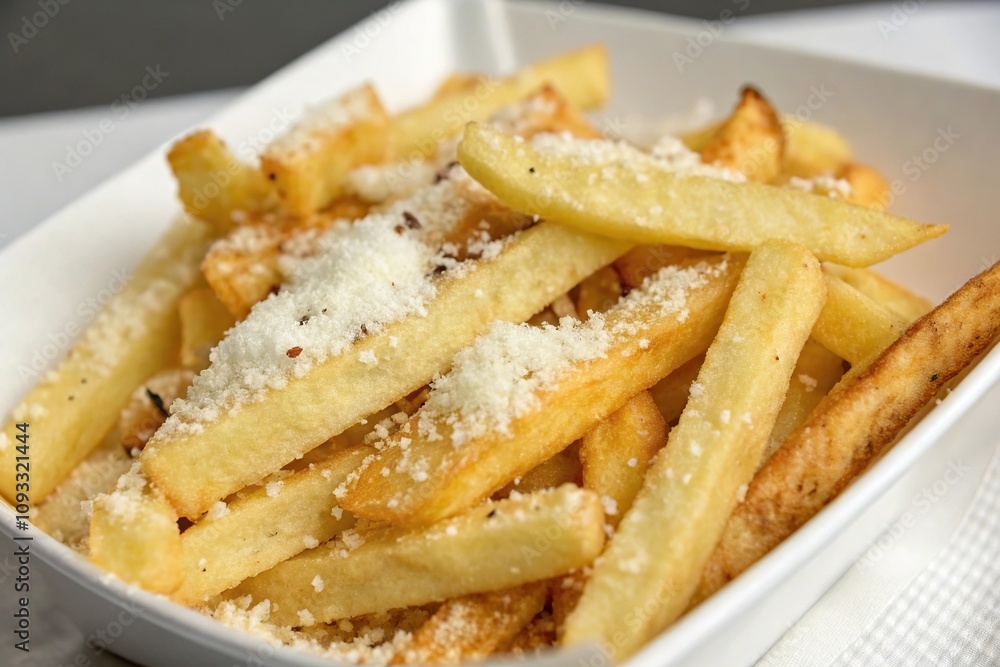 Close-up of crispy fries with fluffy interior and a sprinkle of parmesan cheese, melty, indulgent, golden brown, snack Close-up of crispy fries with fluffy interior and a sprinkle of parmesan cheese, melty, indulgent, golden brown, snack