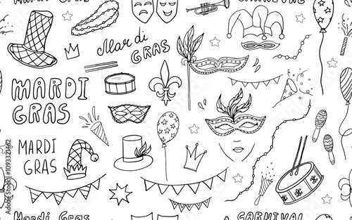 Seamless pattern of Festival Mardi gras. Party, carnival. Mask, beads, balloons, garlands, confetti, fireworks. Great for greeting card, banner, poster. Hand drawn