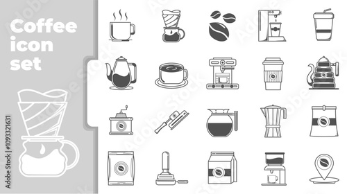 icon set with coffee theme, including coffee making tools, coffee cups.