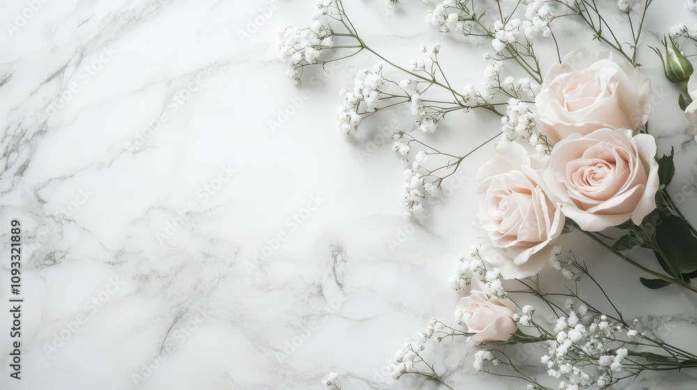 A wreath of pale roses and baby s breath placed on a white marble surface A wreath of pale roses and baby s breath placed on a white marble surface