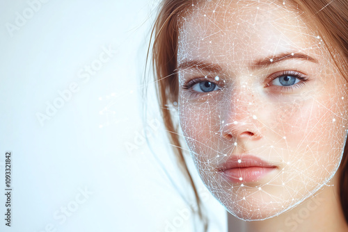 Close-up of a young woman’s face with a digital facial recognition grid overlay, highlighting advanced biometric technology, artificial intelligence, and modern identity verification photo