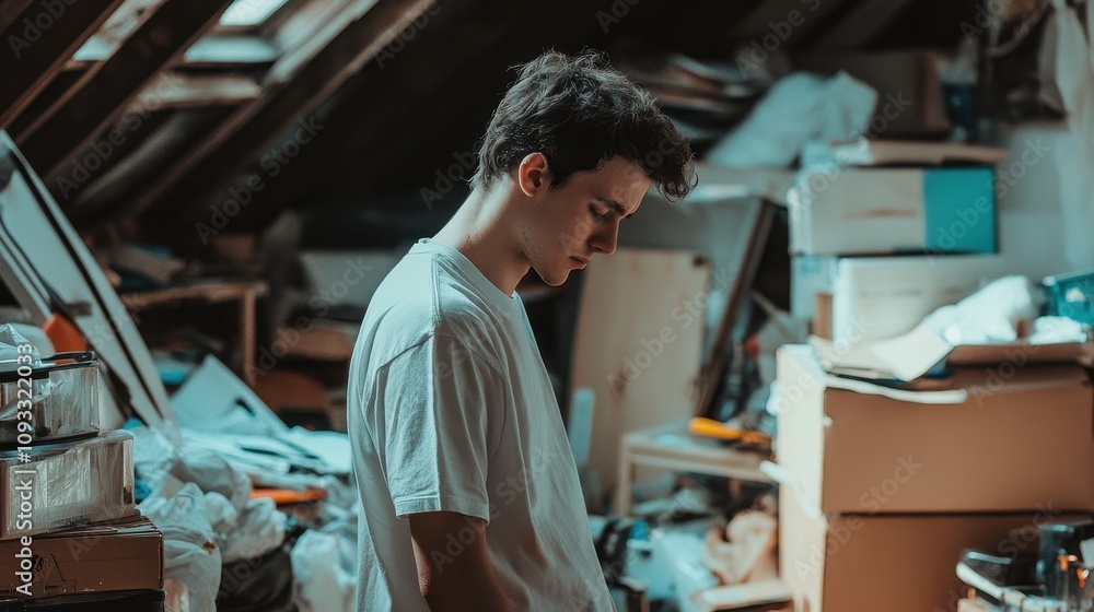 Young Man in an Attic Surrounded by Clutter and Shadows, Capturing a Moment of Reflection and Contemplation Amidst Chaotic Surroundings Young Man in an Attic Surrounded by Clutter and Shadows, Capturing a Moment of Reflection and Contemplation Amidst Chaotic Surroundings