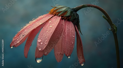 Closeup of a drooping daisy with dewdrops resembling tears photo