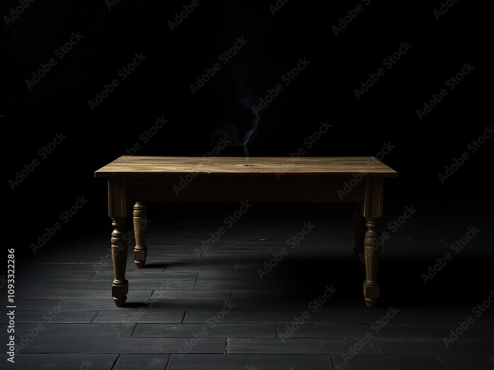 An old wooden table sits on a dark floor with a soft puff of smoke rising from its surface casting a warm glow over the surrounding darkness, cozy ambiance, antique, dark background An old wooden table sits on a dark floor with a soft puff of smoke rising from its surface casting a warm glow over the surrounding darkness, cozy ambiance, antique, dark background