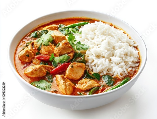 Delicious bowl of chicken curry served with fluffy white rice, vibrant herbs, and colorful vegetables, showcasing a blend of flavors in an inviting dish