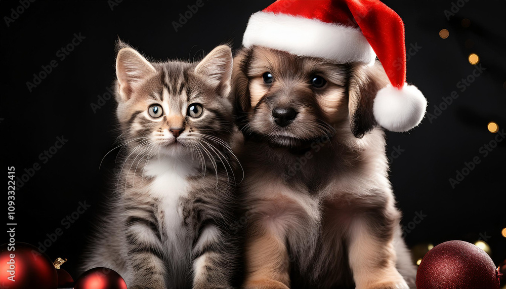 Un cachorro de perro y un cachorro de gato sentados, con gorro de papá noel Un cachorro de perro y un cachorro de gato sentados, con gorro de papá noel
