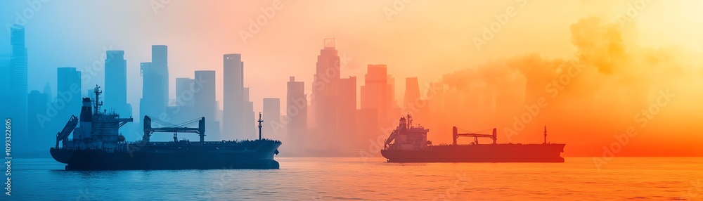 Silhouettes of cargo ships navigating through calm waters amidst a vibrant skyline at sunset, showcasing urban transport. Silhouettes of cargo ships navigating through calm waters amidst a vibrant skyline at sunset, showcasing urban transport.