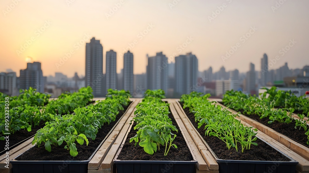 Fototapeta premium Urban rooftop garden flourishing with vegetables against a city skyline at sunset, showcasing the harmony between nature and city life.
