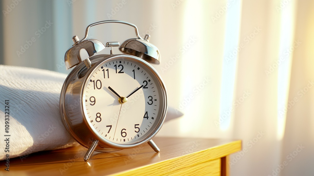 Tranquil Morning Light on Metallic Alarm Clock - Gentle Start-of-the-Day Atmosphere in Cozy Bedroom Setting Tranquil Morning Light on Metallic Alarm Clock - Gentle Start-of-the-Day Atmosphere in Cozy Bedroom Setting