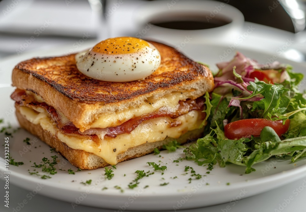 Delicious Breakfast Sandwich with Egg and Bacon Served on Toast with Fresh Salad on a White Plate in a Cozy Bistro Setting Delicious Breakfast Sandwich with Egg and Bacon Served on Toast with Fresh Salad on a White Plate in a Cozy Bistro Setting