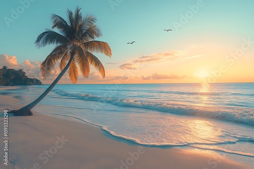 A serene sunset over a tropical beach with a palm tree