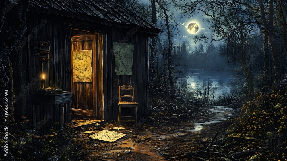 Rustic wooden cabin deep in a forest, with an open door showing signs of forced entry. Inside, the scene is dimly lit . Outside the window, moonlight reflects on a nearby lake,The scene feel tense. Rustic wooden cabin deep in a forest, with an open door showing signs of forced entry. Inside, the scene is dimly lit . Outside the window, moonlight reflects on a nearby lake,The scene feel tense.
