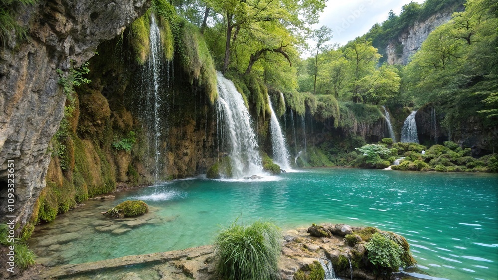 Crystal-clear turquoise water cascading down a moss-covered rocky cliff, mountain, scenery, outdoor Crystal-clear turquoise water cascading down a moss-covered rocky cliff, mountain, scenery, outdoor