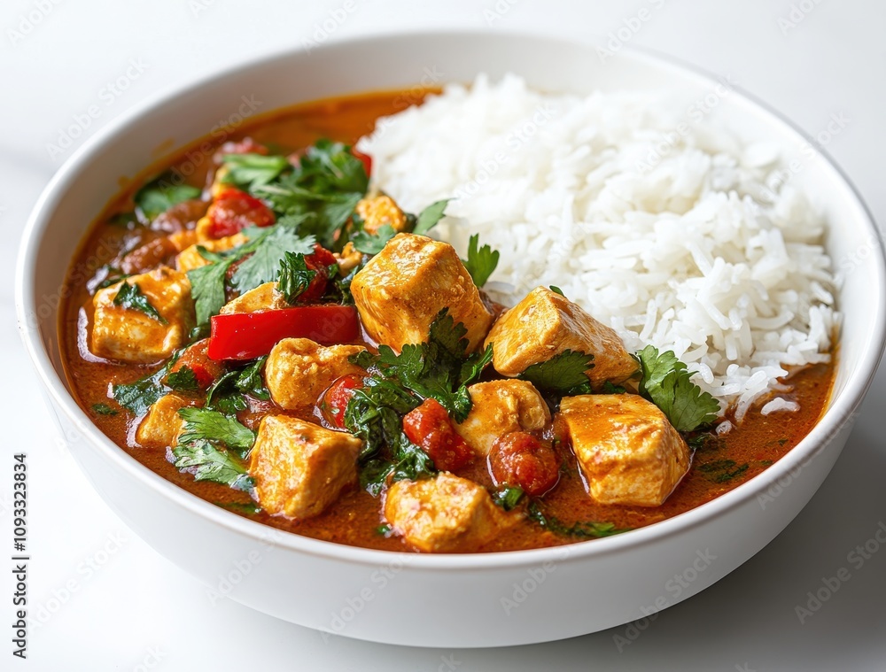 Delicious Chicken Curry with Fresh Cilantro and Spicy Tomatoes Served with Fluffy White Rice in a Clean Bowl on a Bright Background Delicious Chicken Curry with Fresh Cilantro and Spicy Tomatoes Served with Fluffy White Rice in a Clean Bowl on a Bright Background