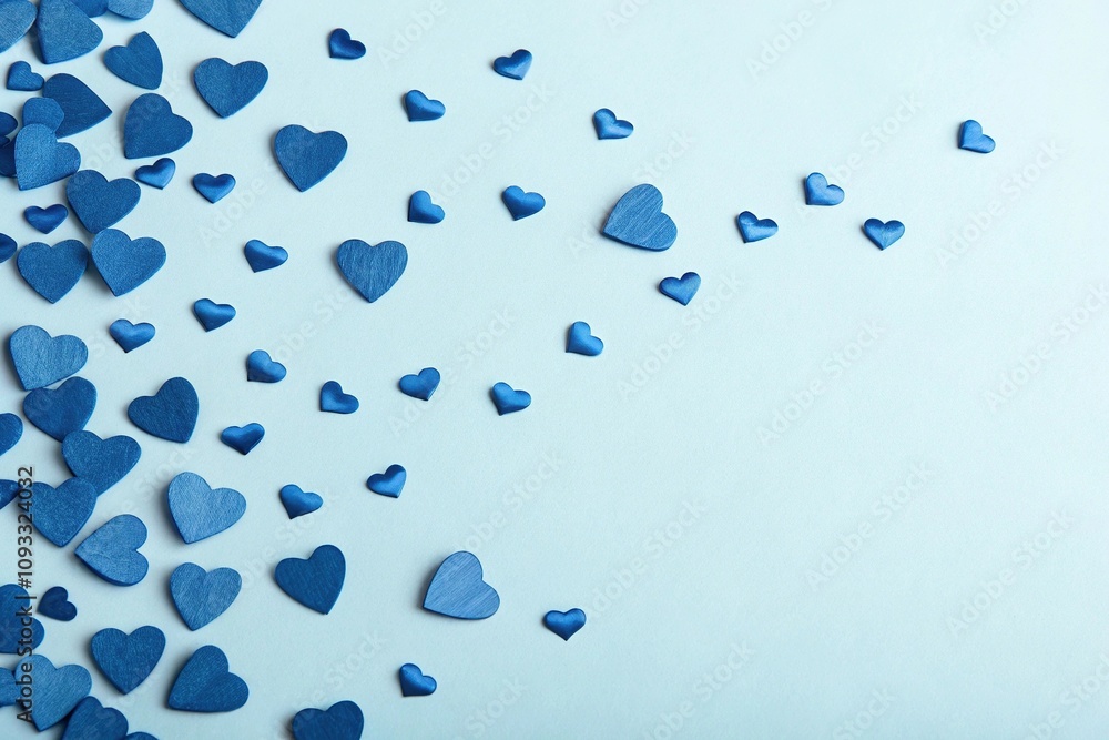 Blue hearts scattered across a pale blue or sky blue background creating a sense of movement and energy, blue hearts, kinetic love Blue hearts scattered across a pale blue or sky blue background creating a sense of movement and energy, blue hearts, kinetic love