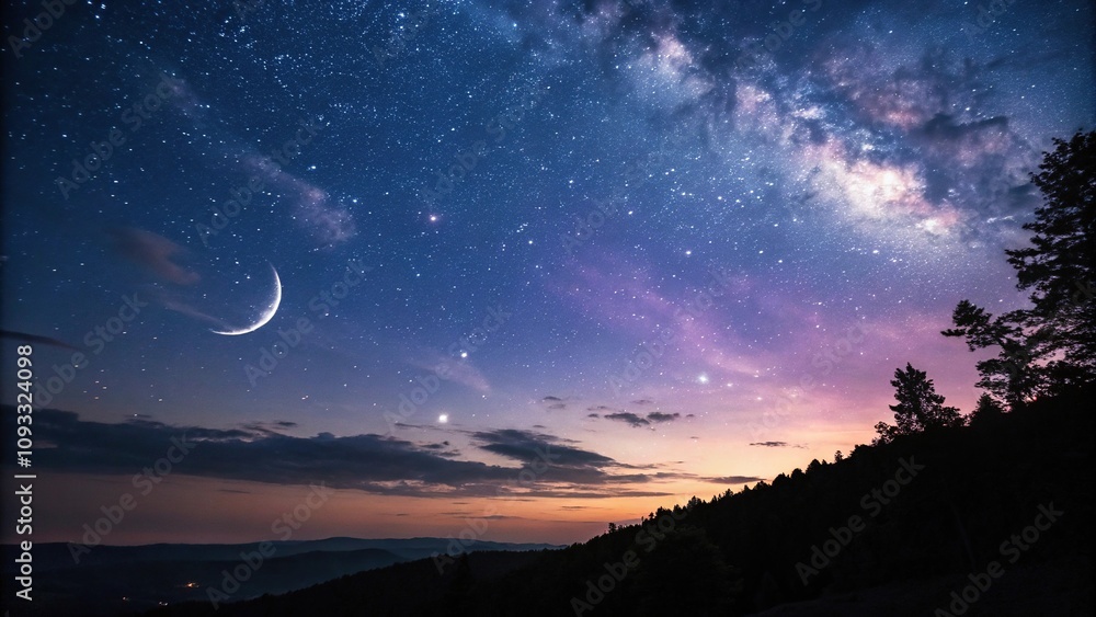 Dark celestial backdrop with twinkling stars and a crescent moon, set against a gradient of deep blues and purples, cosmos, space Dark celestial backdrop with twinkling stars and a crescent moon, set against a gradient of deep blues and purples, cosmos, space