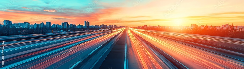 Obraz premium Vibrant sunset illuminating a fast-moving highway, capturing the essence of speed and energy in urban travel.