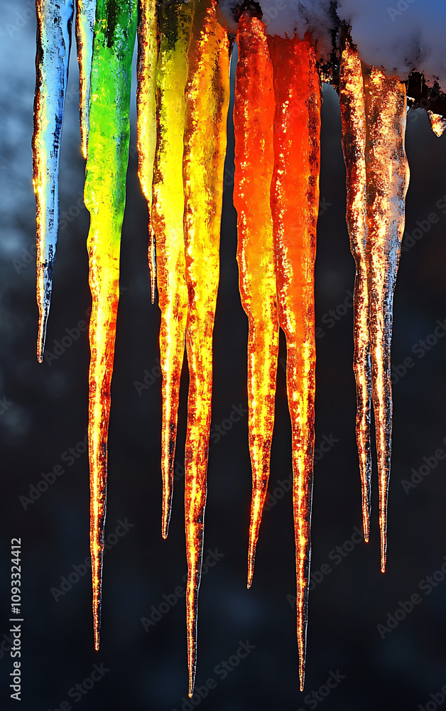 Abstract photography of sunlight hitting icicles, creatingsparkling rainbow effect againstmuted backdrop,copyspace Abstract photography of sunlight hitting icicles, creatingsparkling rainbow effect againstmuted backdrop,copyspace
