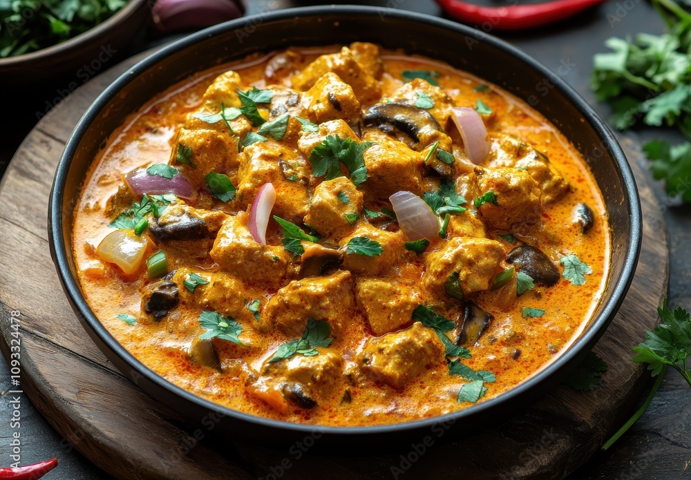 Delicious Creamy Chicken Curry with Fresh Herbs and Vegetables Served in a Rustic Bowl Ideal for Food Lovers and Culinary Enthusiasts Delicious Creamy Chicken Curry with Fresh Herbs and Vegetables Served in a Rustic Bowl Ideal for Food Lovers and Culinary Enthusiasts