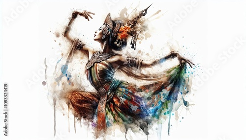 woman performing Tari Saman, Indonesia dance in watercolor illustration with loose and fluid forms photo