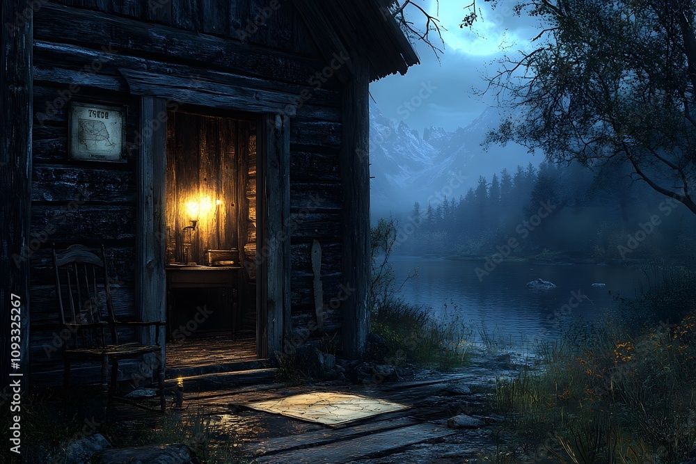 Rustic wooden cabin deep in a forest, with an open door showing signs of forced entry. Inside, the scene is dimly lit . Outside the window, moonlight reflects on a nearby lake,The scene feel tense. Rustic wooden cabin deep in a forest, with an open door showing signs of forced entry. Inside, the scene is dimly lit . Outside the window, moonlight reflects on a nearby lake,The scene feel tense.