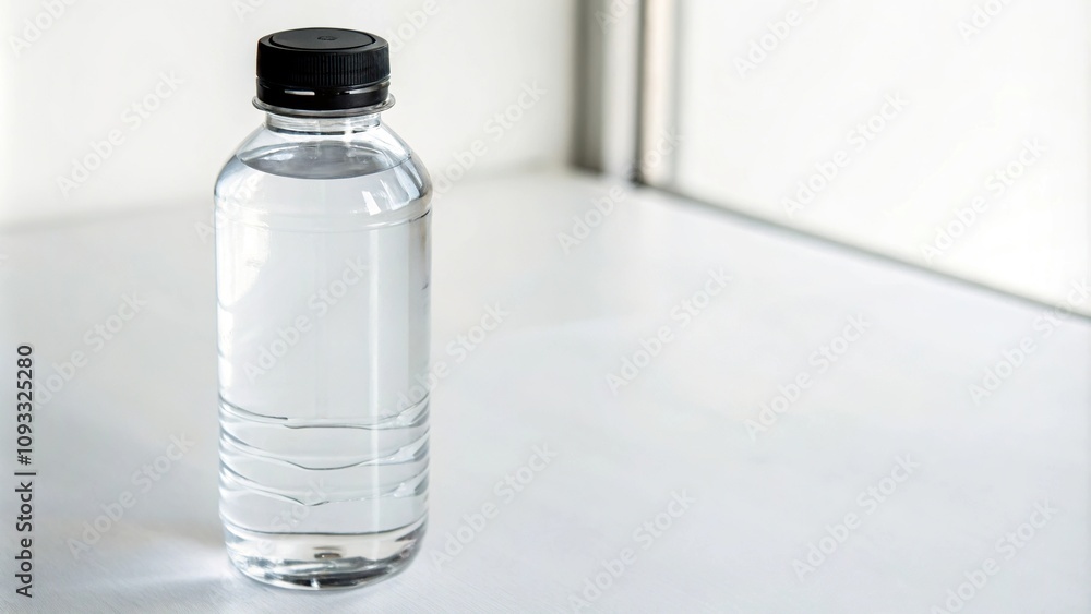 Clear plastic water bottle with a sleek black cap sits on a clean white surface, reflecting light and creating a sense of transparency and purity, waterridge, transparency, white background, bottle Clear plastic water bottle with a sleek black cap sits on a clean white surface, reflecting light and creating a sense of transparency and purity, waterridge, transparency, white background, bottle
