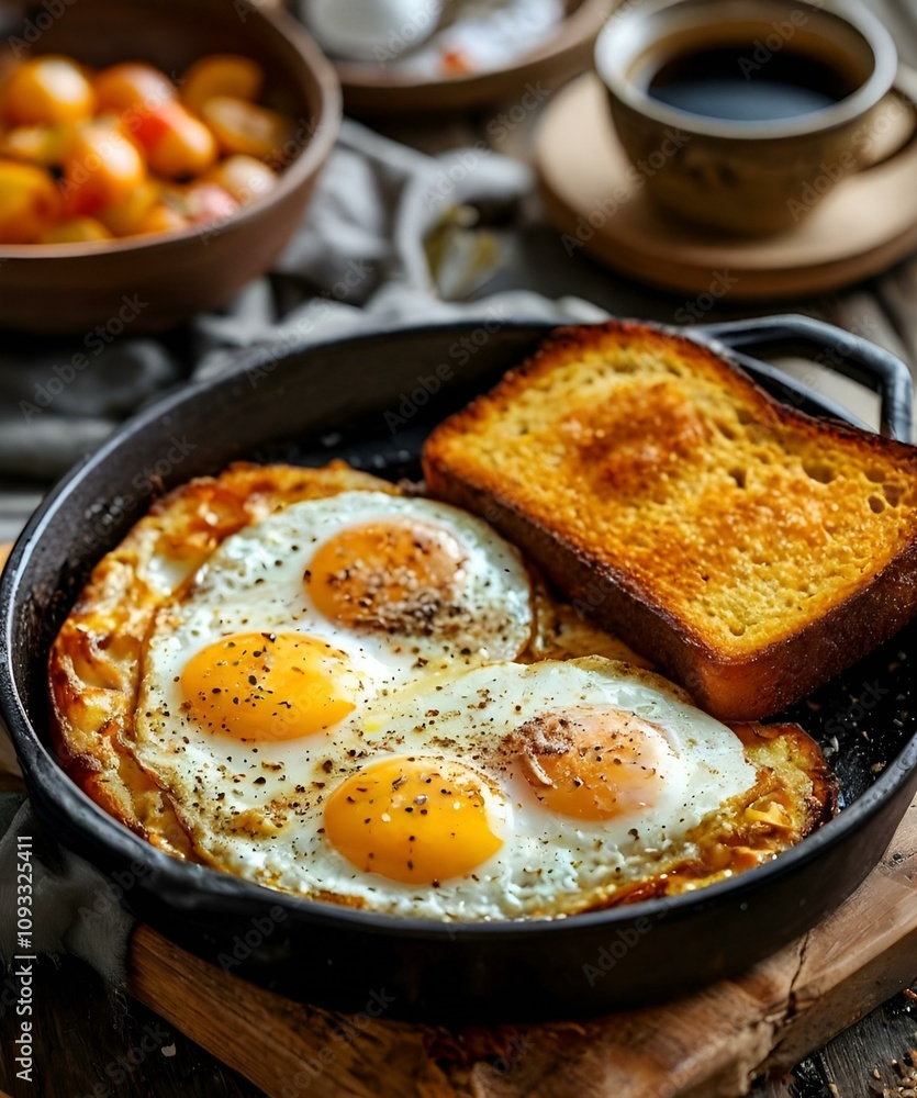 Fried fried eggs in a frying pan with bread Fried fried eggs in a frying pan with bread